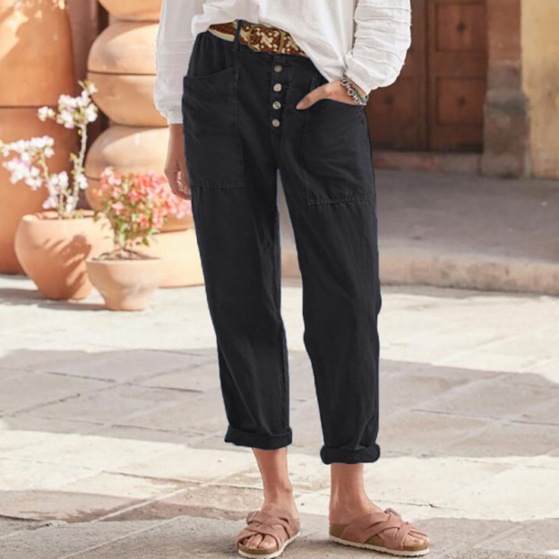 Loose-fit casual cotton-linen pants with row buttons