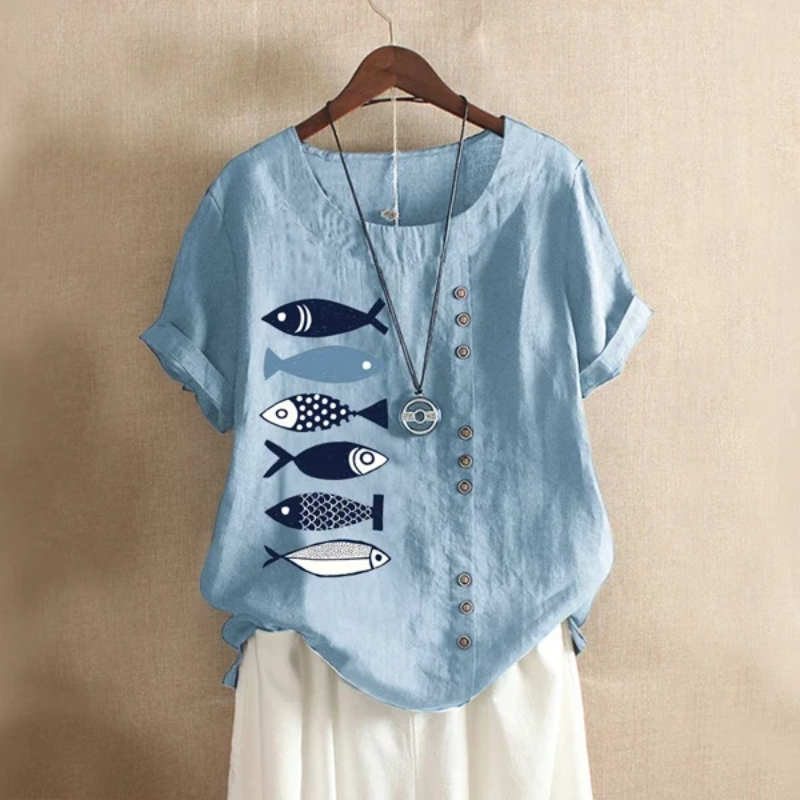 Cartoon Fish Print Summer Blouse