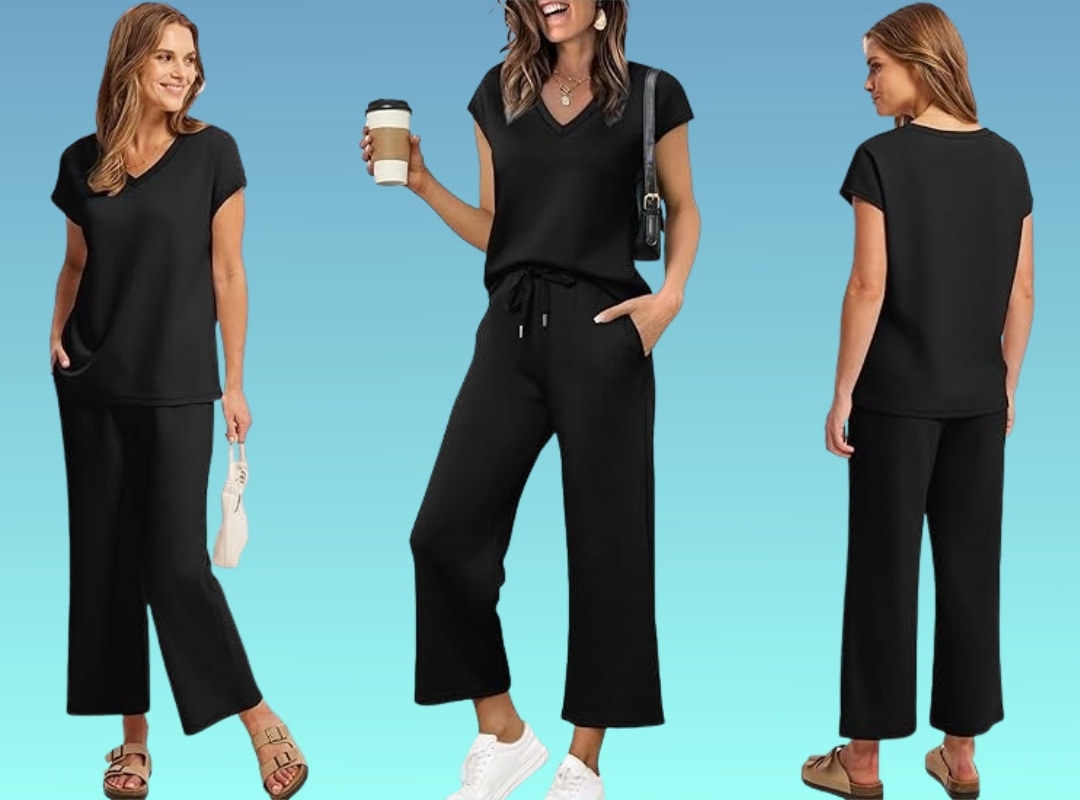 Two Piece Sets for Women Summer Outfits Lounge Sets V Neck Tops Wide L