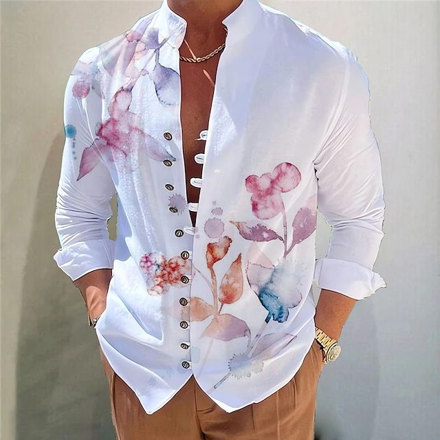  Men's Dark Shirt Aloha Shirt Long Sleeve Fashion Designer Casual Vacation Daily Going out Fall Autumn / Fall Spring & Summer Stand Collar Print 