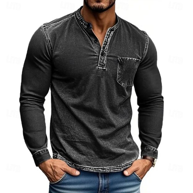 Men's Henley Shirt Tee Tee Top Long Sleeve Shirt Long Sleeve Henley Fall Winter Retro Fashion Designer Nostalgic Fashion Vintage Vacation Street Going out Black Pink Navy Blue Top Tee for Men
