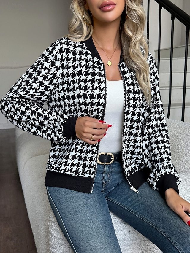 Women’s Casual Houndstooth Jacket – Breathable Zipper Stand Collar Streetwear
