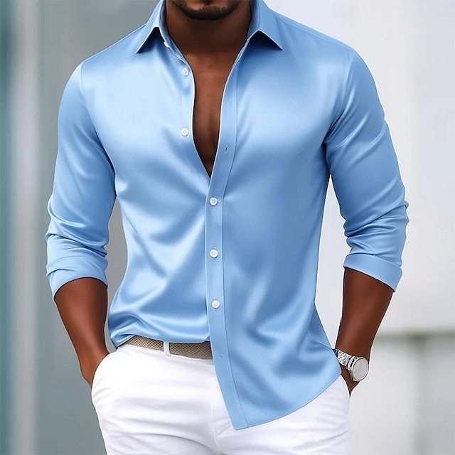 Men's Shirt Satin Shirt Dress Shirt Casual Shirt Button Up Shirt Prom Shirt Plain Formal Wedding Light Blue Black Royal Blue Gold Long Sleeve Lapel All Seasons Clothing Apparel