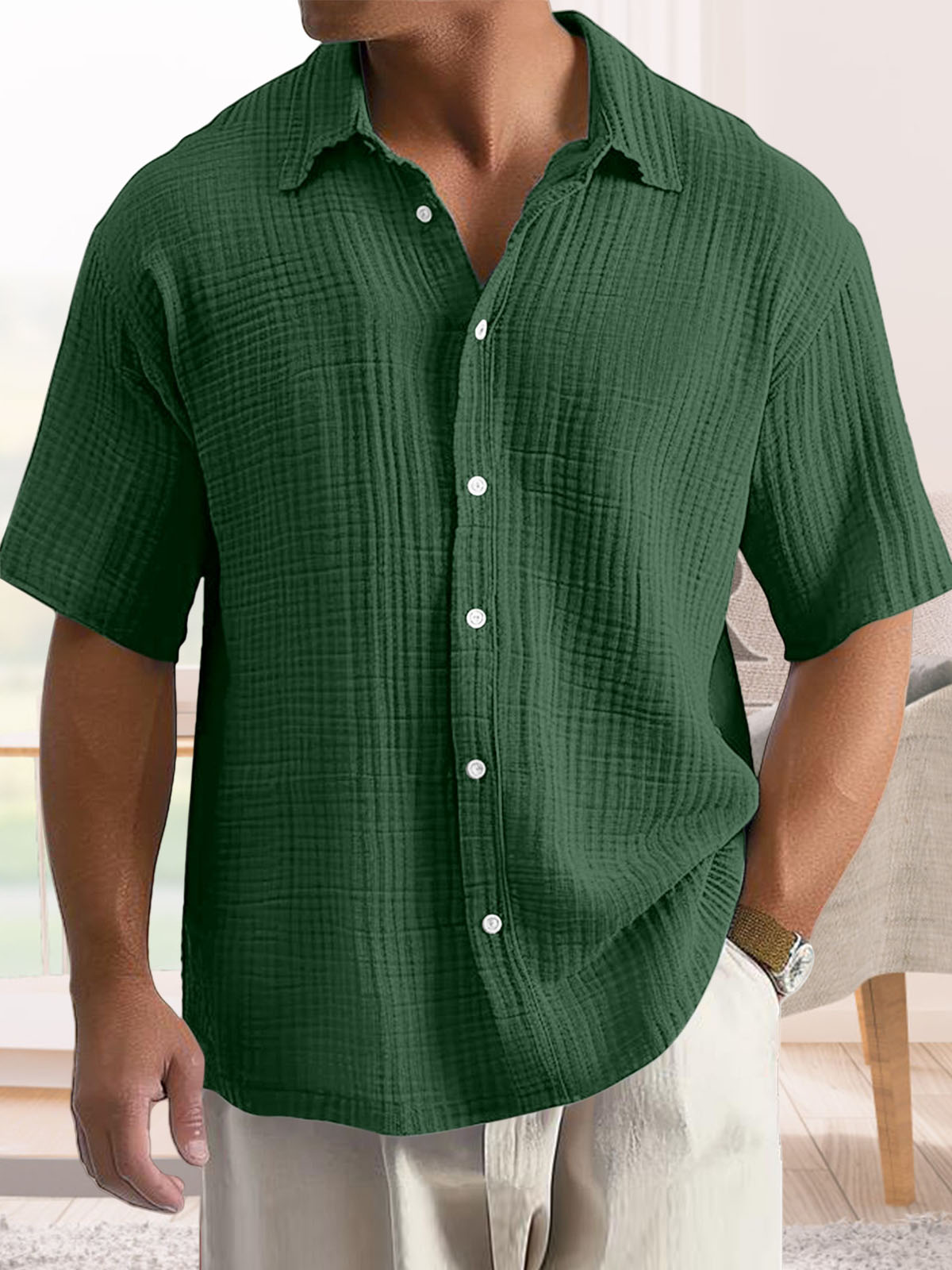 Men's Casual Cotton Short-sleeved Shirt with Lapel