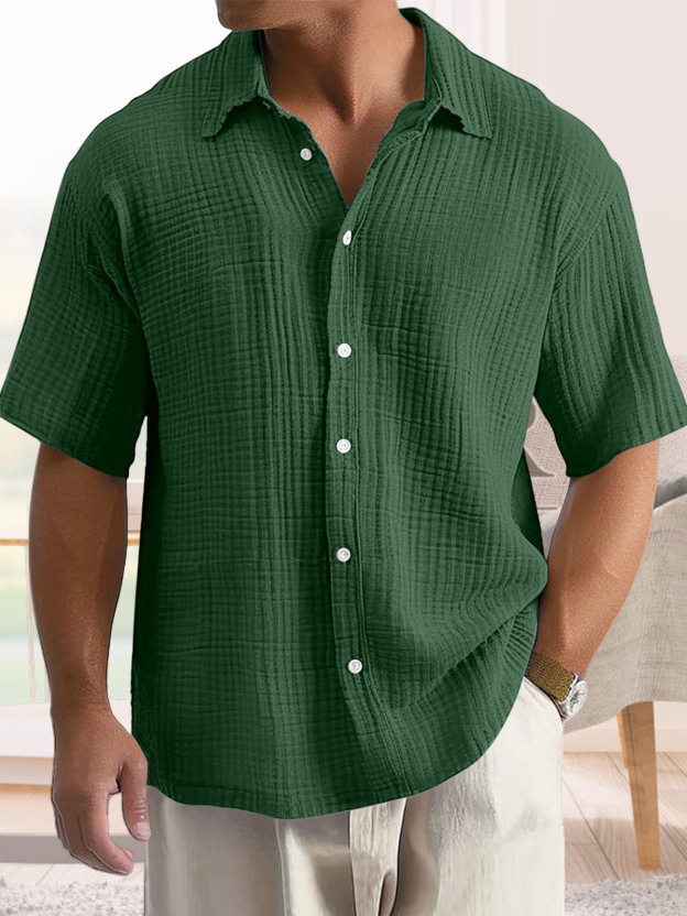 Men's Casual Cotton Short-sleeved Shirt with Lapel