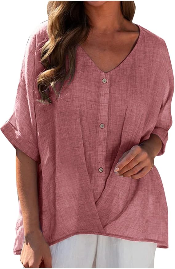 Women's Cotton Linen V Neck Button Down Blouse – Casual Summer Top