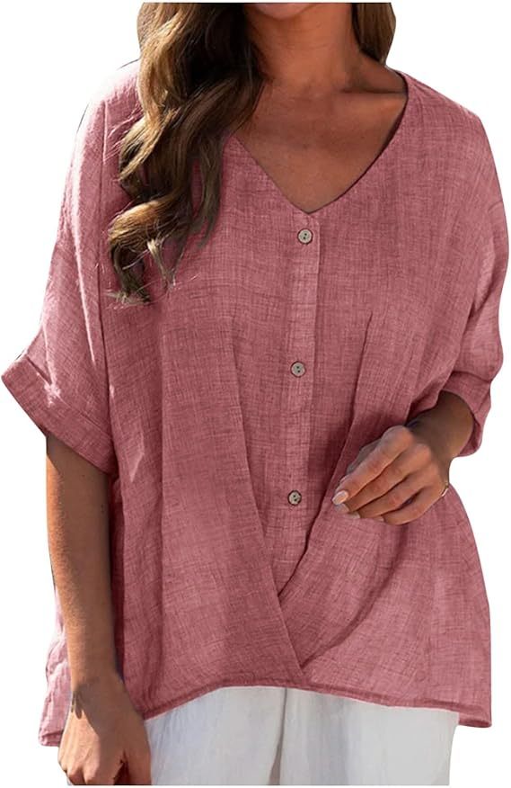 Women's Cotton Linen V Neck Button Down Blouse – Casual Summer Top