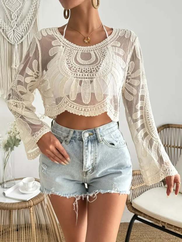🌺 Women's Floral Embroidered Semi-Sheer Cover Up 🌊 | Cute Long Sleeve Round Neck | Perfect for Beach Vacations & Outdoor Fun! ☀️