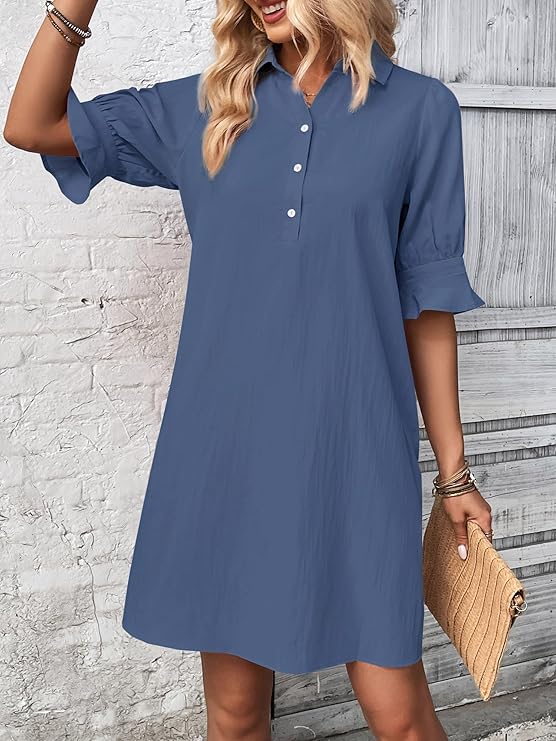 Women's Summer Shirt Dress – Casual Button Down with Ruffle Sleeves & Pockets, Vacation-Ready