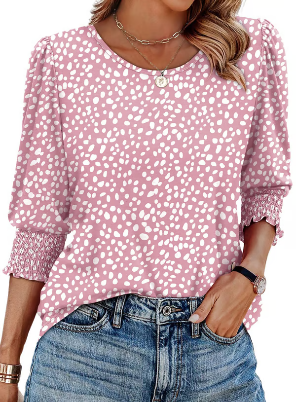 Women Dressy Casual 3/4 Length Sleeve Blouses with Smocked Cuffs