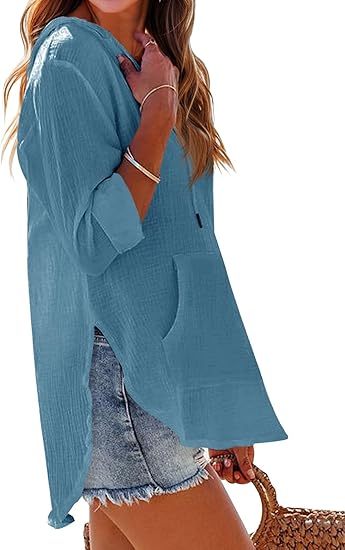 👗Women's Beach Cover Up hoodies sweatshirt Long Sleeve V Neck Pocketed Hooded Shirt Top