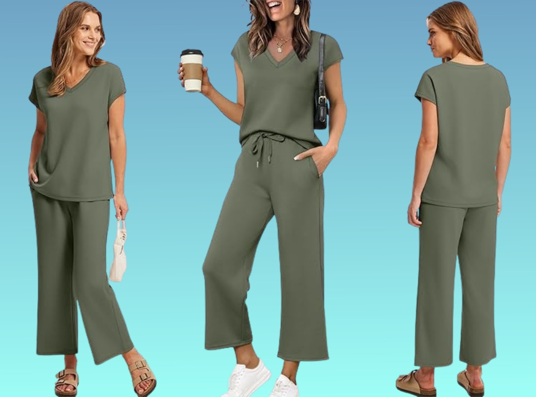 Two Piece Sets for Women Summer Outfits Lounge Sets V Neck Tops Wide Leg Pants