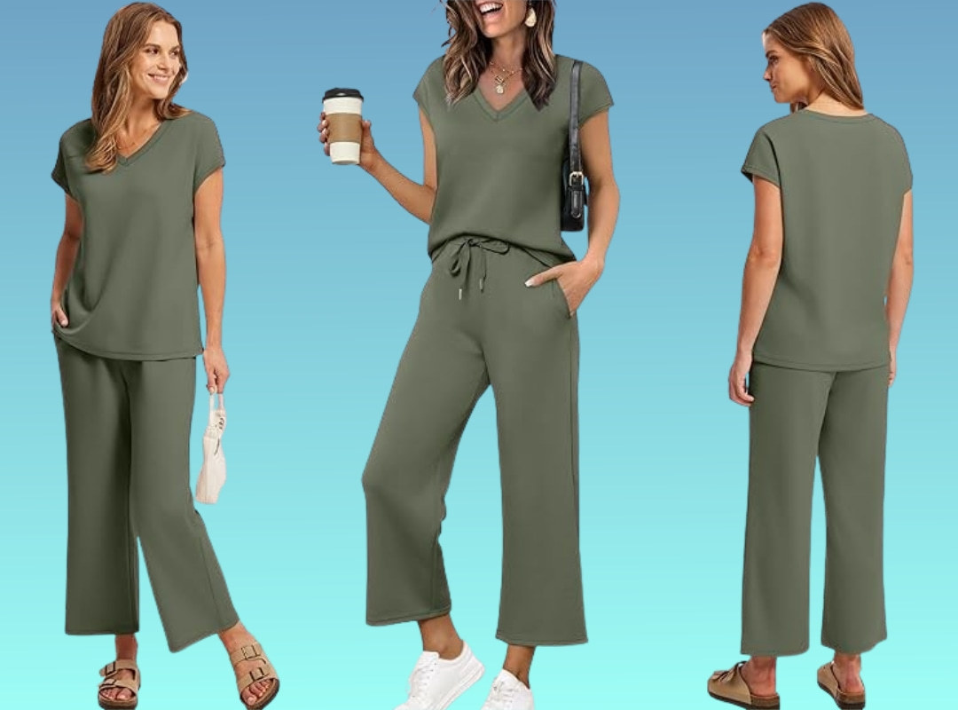 Two Piece Sets for Women Summer Outfits Lounge Sets V Neck Tops Wide Leg Pants