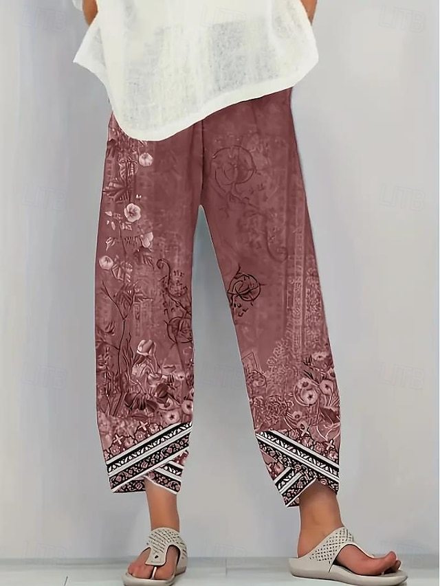  Women's Wide Leg Chinos Baggy Pants Vacation Vintage Ethnic Style Ankle-Length High Waist Floral Graphic Printing Thermal Warm Soft Breathable Micro-elastic Vacation Street Causal Ash Violet Robin's
