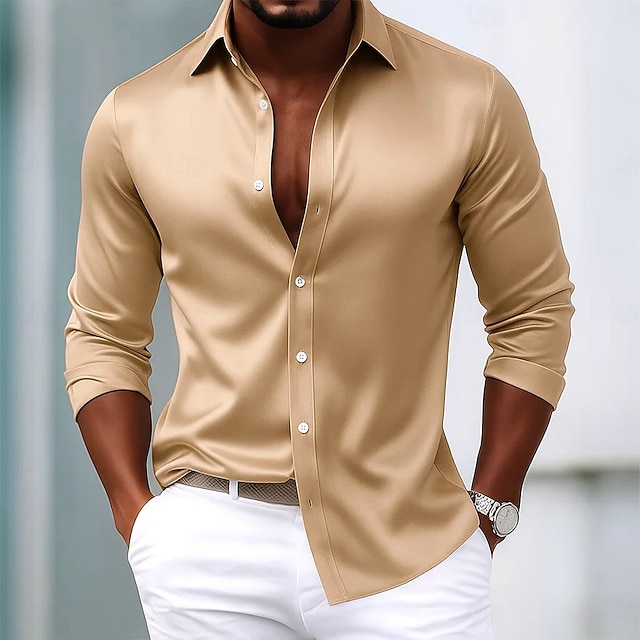 Men's Shirt Satin Shirt Dress Shirt Casual Shirt Button Up Shirt Prom Shirt Plain Formal Wedding Light Blue Black Royal Blue Gold Long Sleeve Lapel All Seasons Clothing Apparel