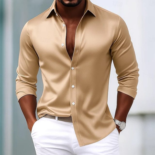 Men's Shirt Satin Shirt Dress Shirt Casual Shirt Button Up Shirt Prom Shirt Plain Formal Wedding Light Blue Black Royal Blue Gold Long Sleeve Lapel All Seasons Clothing Apparel