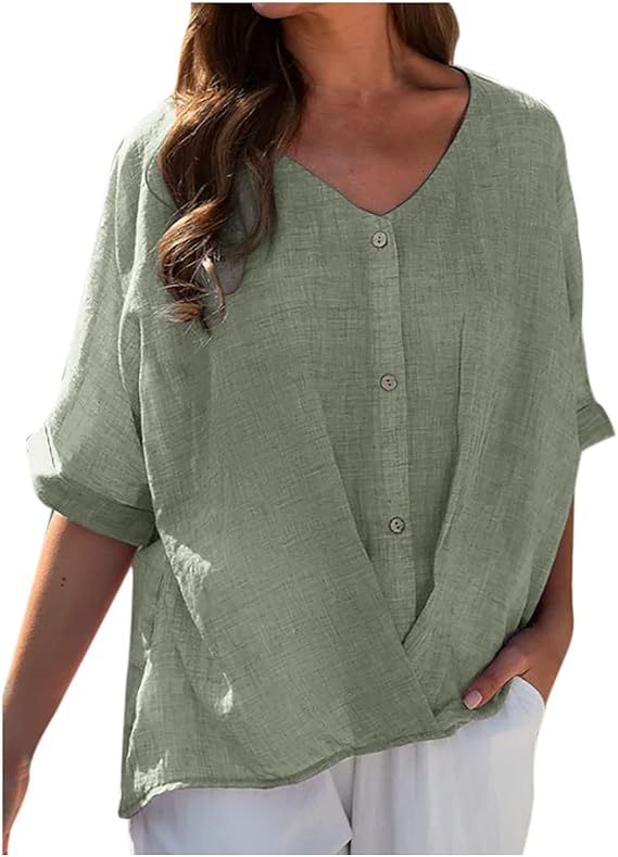 Women's Cotton Linen V Neck Button Down Blouse – Casual Summer Top