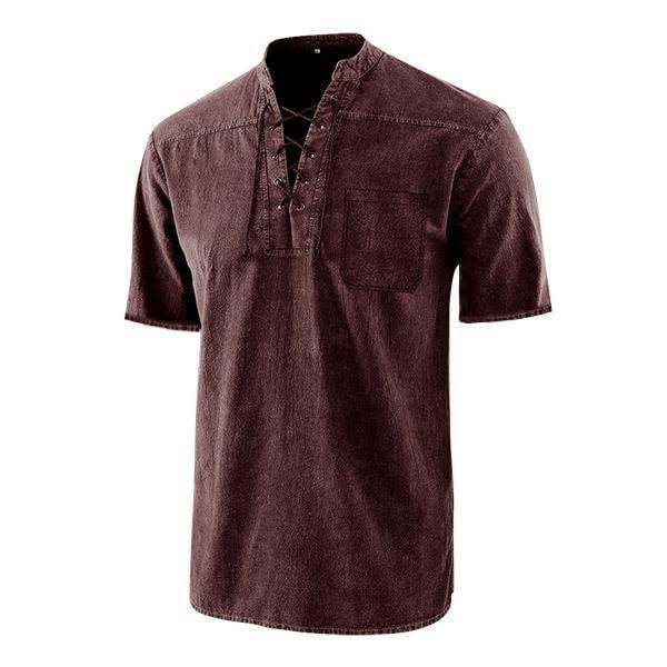 Men Gothic Retro T Shirt Lace-up V-neck Linen Pocket Short Sleeve Tee Shirt Loose Tops