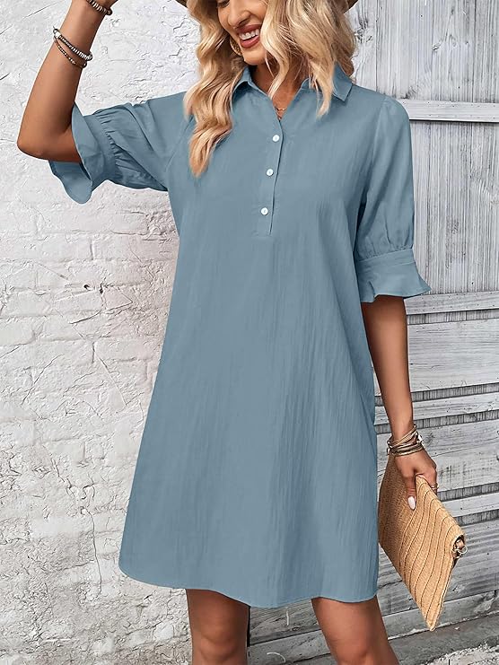 Women's Summer Shirt Dress – Casual Button Down with Ruffle Sleeves & Pockets, Vacation-Ready