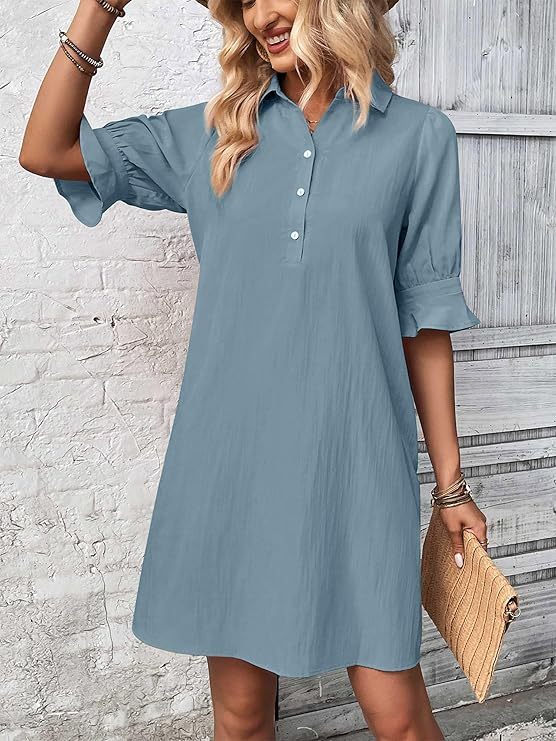 Women's Summer Shirt Dress – Casual Button Down with Ruffle Sleeves & Pockets, Vacation-Ready