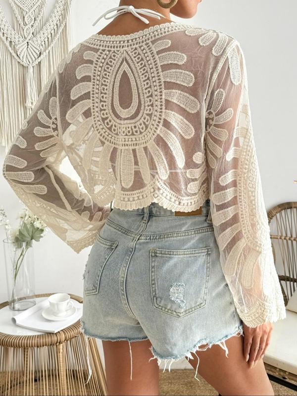 Women's Floral Embroidered Semi-Sheer Cover Up | Cute Long Sleeve Round Neck | Perfect for Beach Vacations & Outdoor Fun!