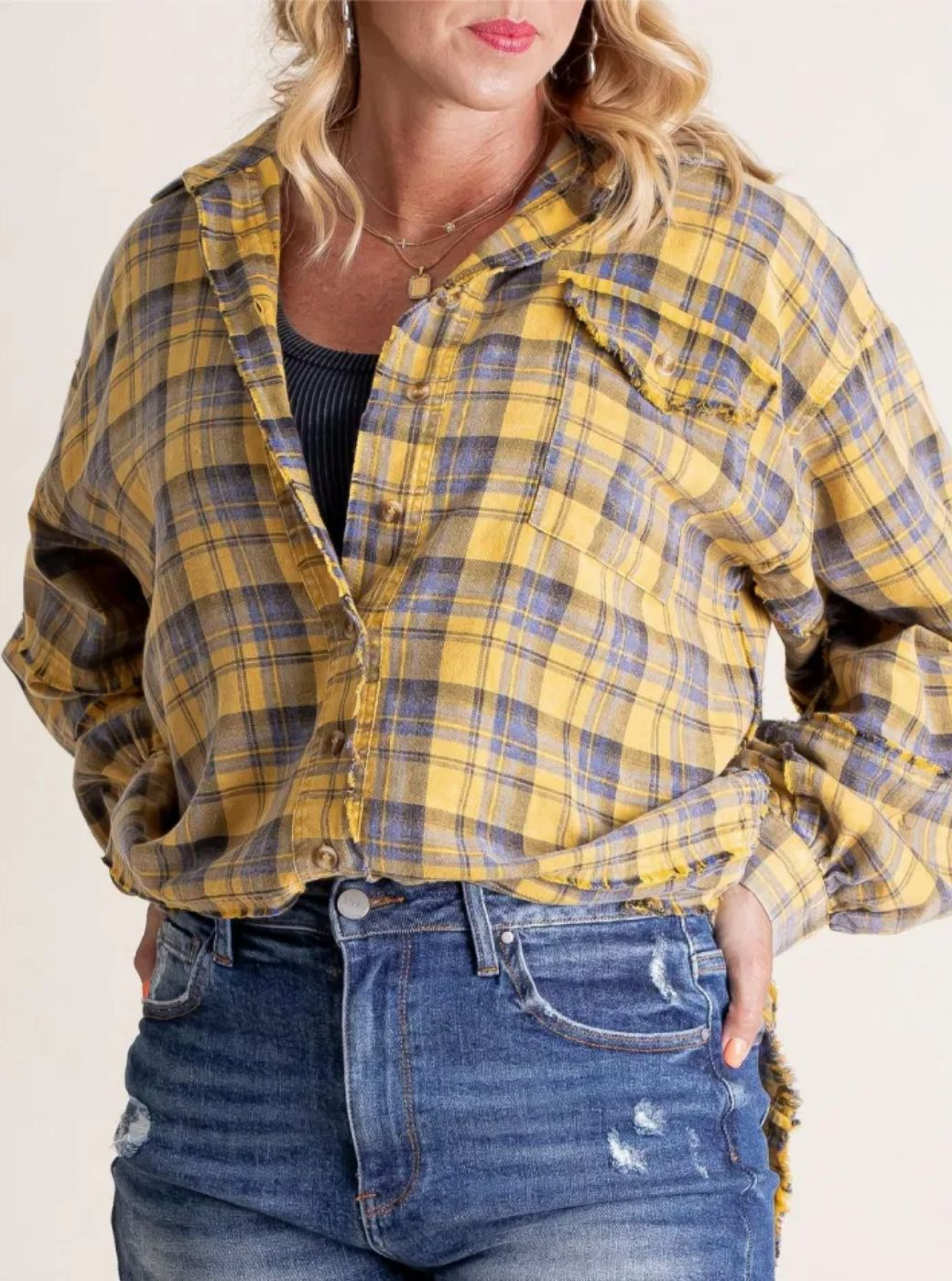 Women's autumn and winter loose plaid shirt with raw edge lantern sleeves