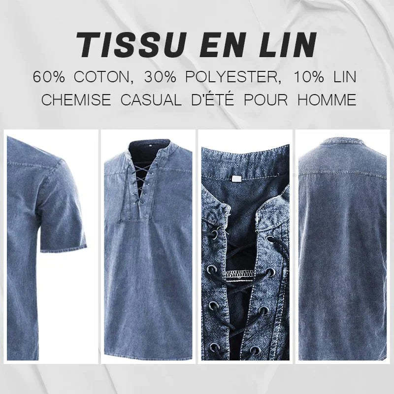 Men Gothic Retro T Shirt Lace-up V-neck Linen Pocket Short Sleeve Tee Shirt Loose Tops