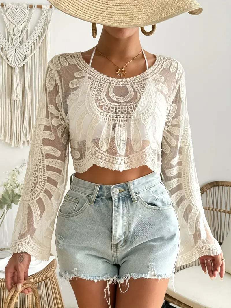🌺 Women's Floral Embroidered Semi-Sheer Cover Up 🌊 | Cute Long Sleeve Round Neck | Perfect for Beach Vacations & Outdoor Fun! ☀️