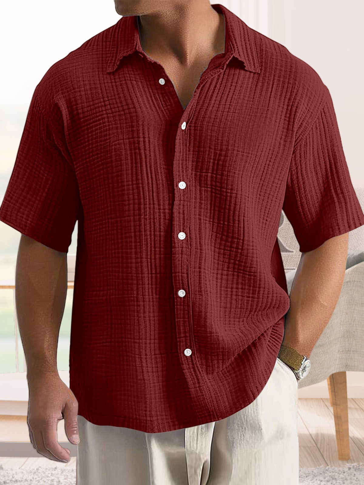 Men's Casual Cotton Short-sleeved Shirt with Lapel