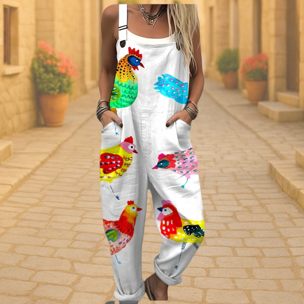 Wome's Retro Geometric Elegant Rose Print Casual Cotton Wide Leg Jumpsuit