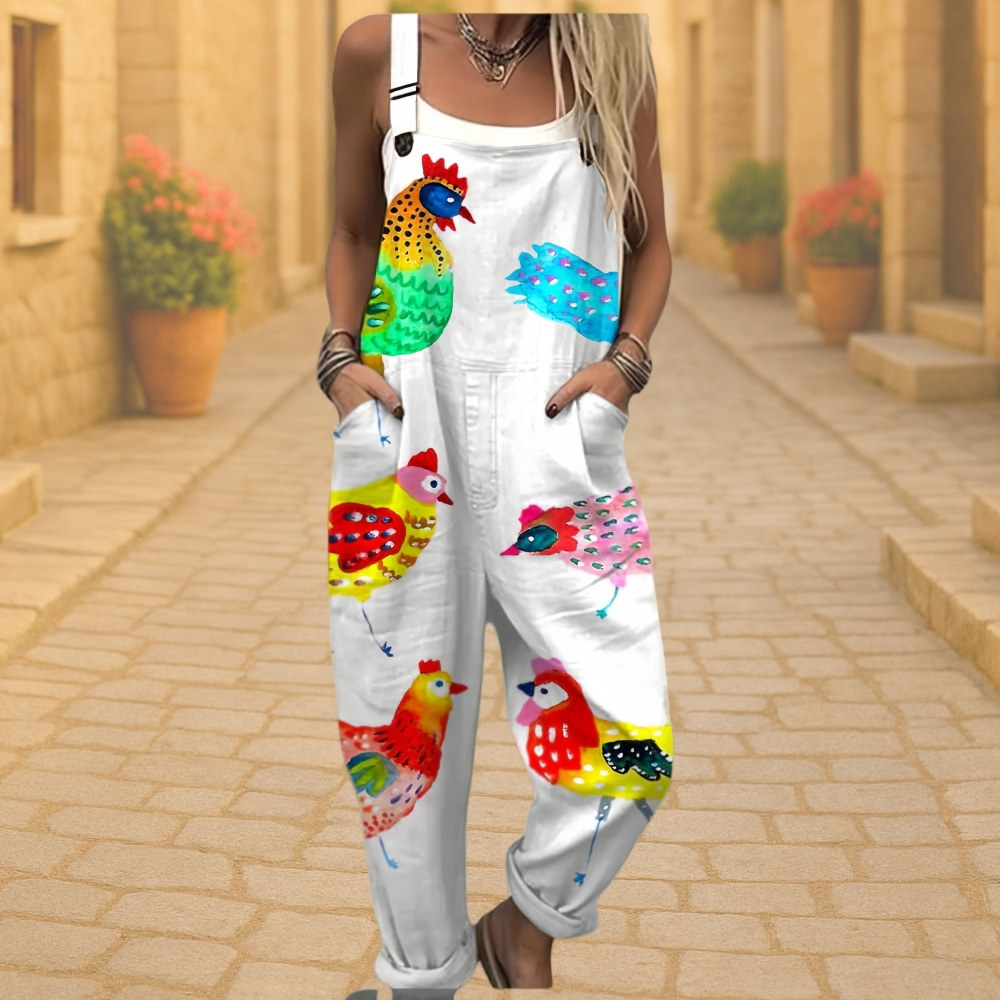 Wome's Retro Geometric Elegant Rose Print Casual Cotton Wide Leg Jumpsuit