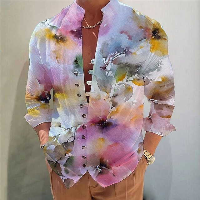  Men's Dark Shirt Aloha Shirt Long Sleeve Fashion Designer Casual Vacation Daily Going out Fall Autumn / Fall Spring & Summer Stand Collar Print 