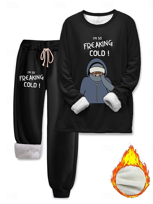 Women's Elegant Warm Fashion Two Piece Sets Tracksuit Pants Sets Long Sleeve Bishop Sleeve Crew Neck Round Neck Graphic Letter Portrait Print Outdoor Vacation Daily Black Pink Dark Pink Spring