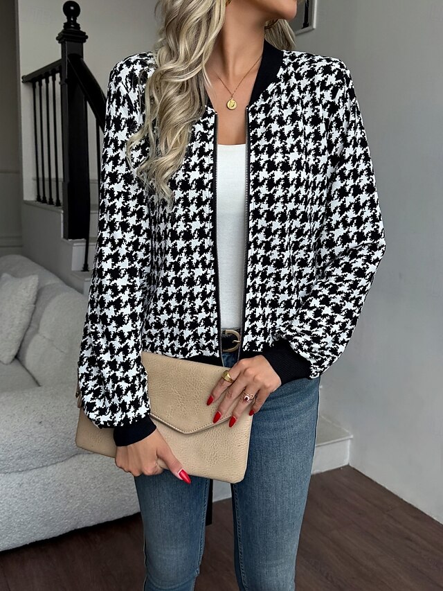 Women’s Casual Houndstooth Jacket – Breathable Zipper Stand Collar Streetwear