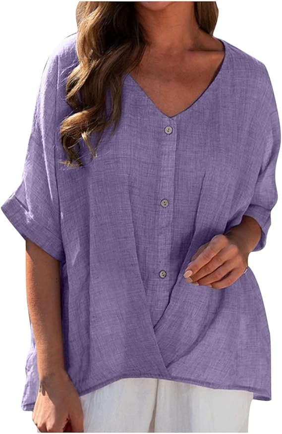 Women's Cotton Linen V Neck Button Down Blouse – Casual Summer Top