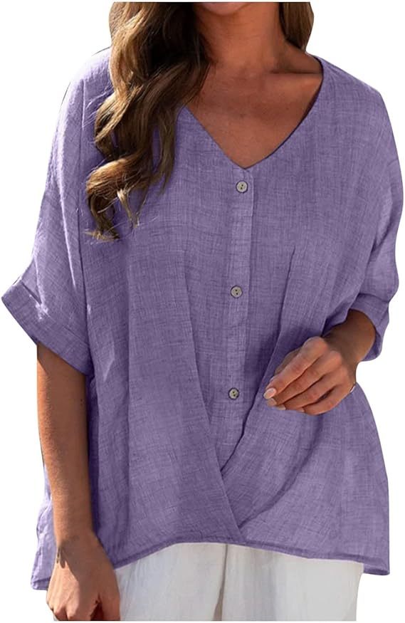 Women's Cotton Linen V Neck Button Down Blouse – Casual Summer Top