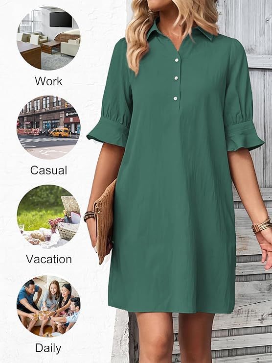 Women's Summer Shirt Dress – Casual Button Down with Ruffle Sleeves & Pockets, Vacation-Ready