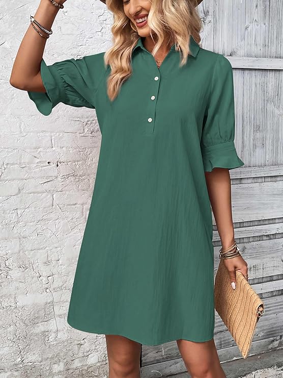 Women's Summer Shirt Dress – Casual Button Down with Ruffle Sleeves & Pockets, Vacation-Ready