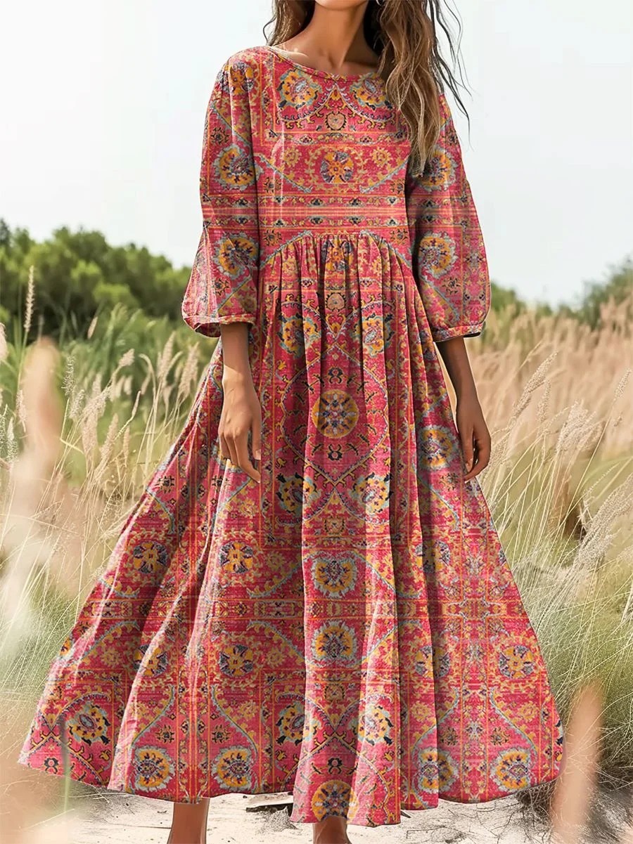 Women's Vintage Folk Art Floral Pattern Print Pocket Cotton Dress