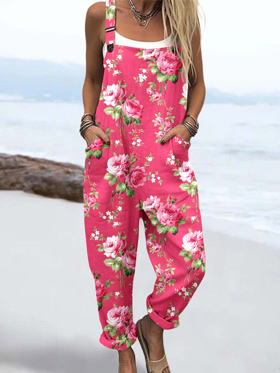 Wome's Retro Geometric Elegant Rose Print Casual Cotton Wide Leg Jumpsuit