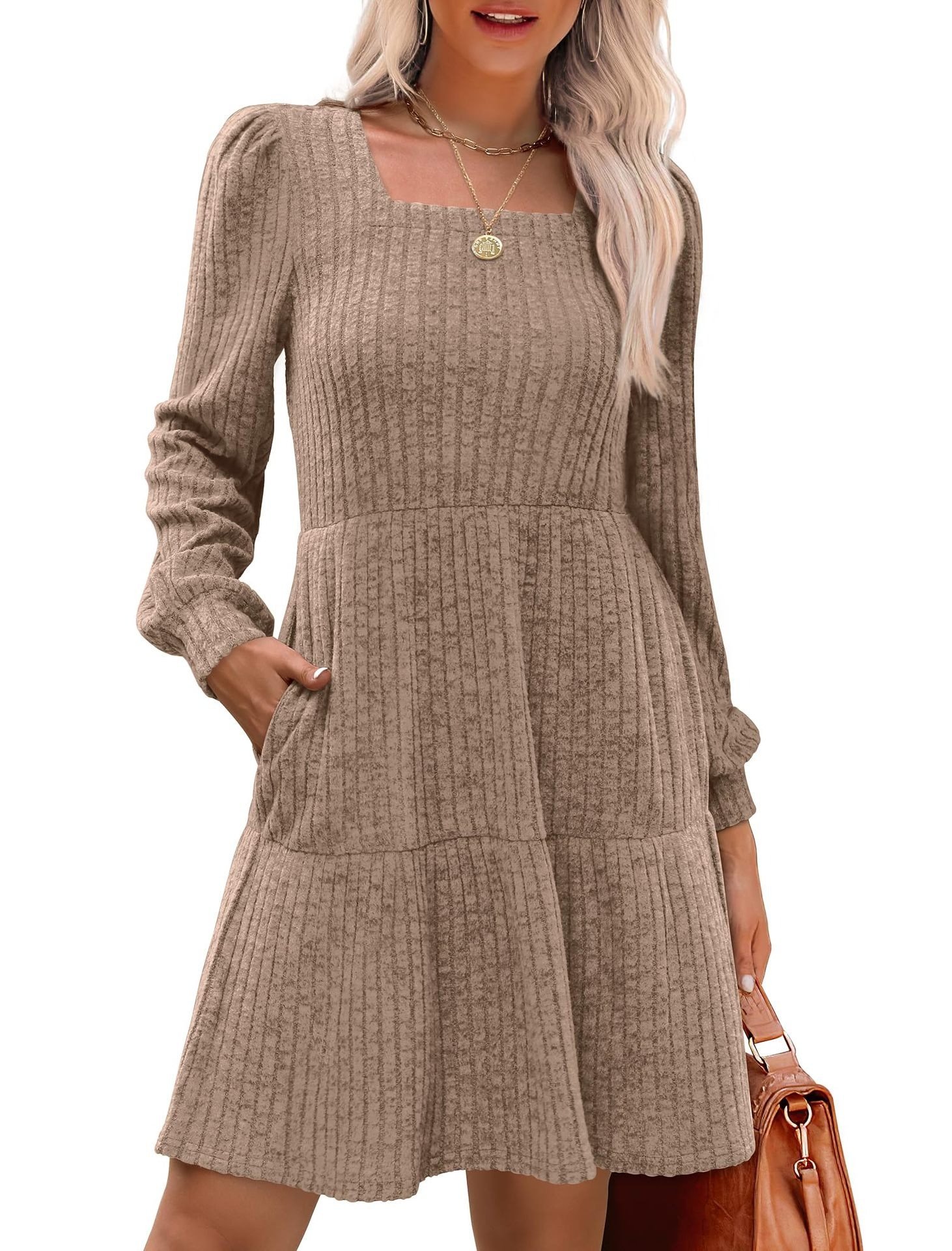 🔥Womens Square Neck Long Sleeve Fall Dresses Casual Babydoll Sweater Dress