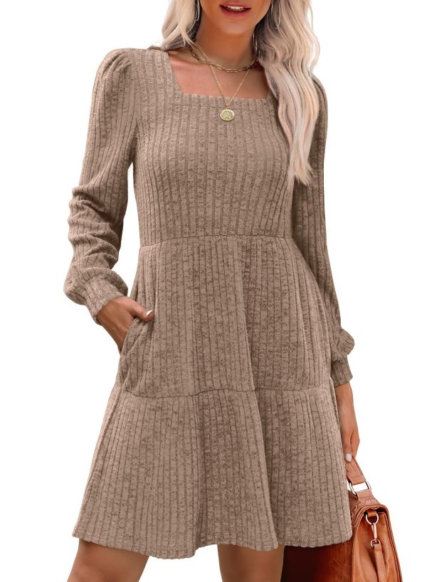🔥Womens Square Neck Long Sleeve Fall Dresses Casual Babydoll Sweater Dress