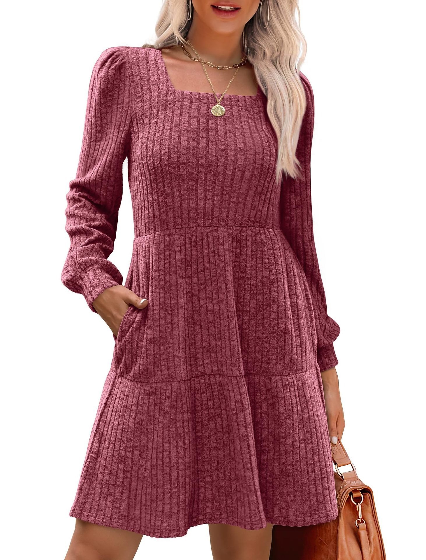 🔥Womens Square Neck Long Sleeve Fall Dresses Casual Babydoll Sweater Dress