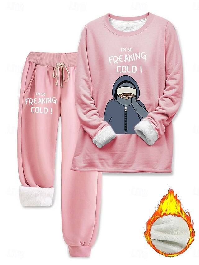 Women's Elegant Warm Fashion Two Piece Sets Tracksuit Pants Sets Long Sleeve Bishop Sleeve Crew Neck Round Neck Graphic Letter Portrait Print Outdoor Vacation Daily Black Pink Dark Pink Spring