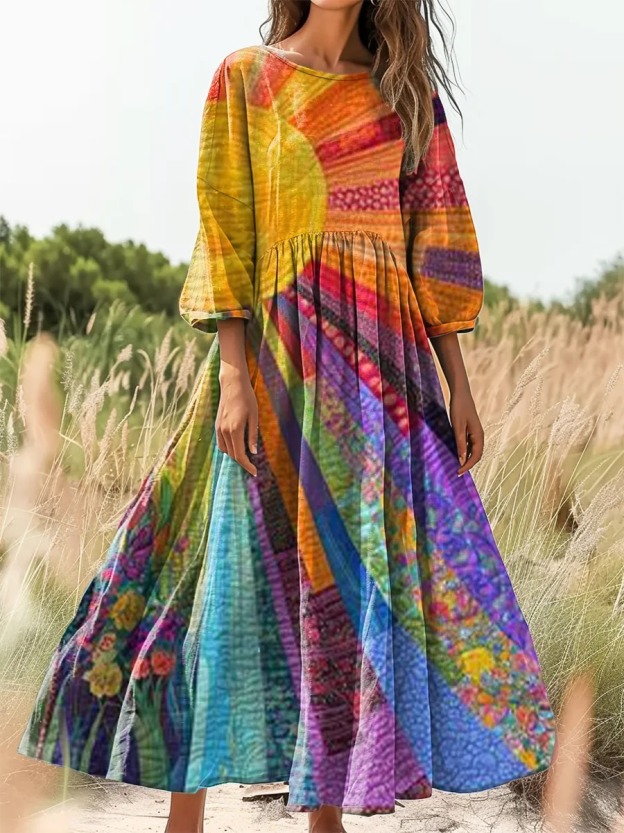 Women's Vintage Folk Art Floral Pattern Print Pocket Cotton Dress