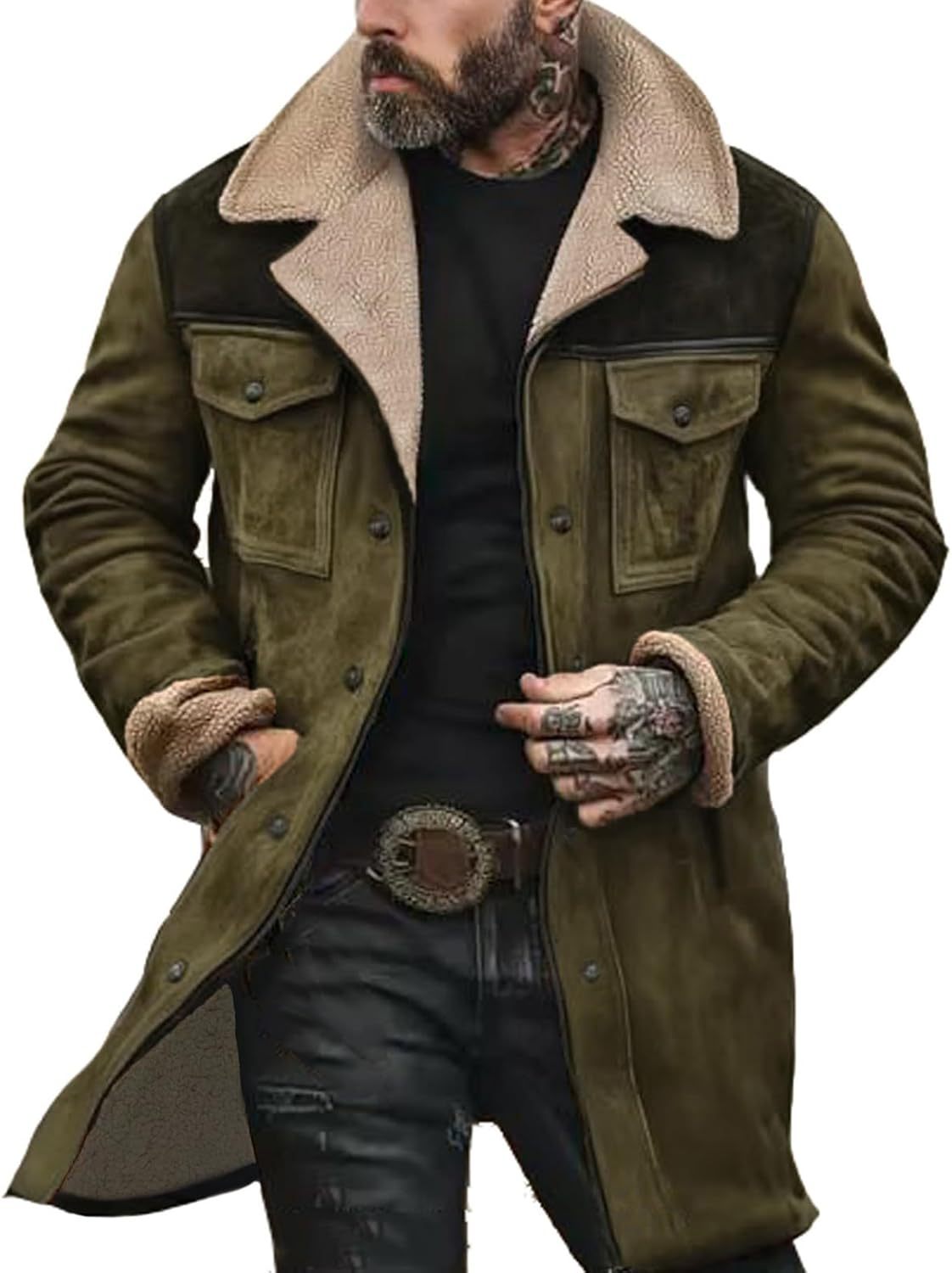Mens Western Cowboy Jackets Vintage Suede Jacket t Plush Collar Coats Faux Leather jacket Zip Up Casual Retro Winter Tops