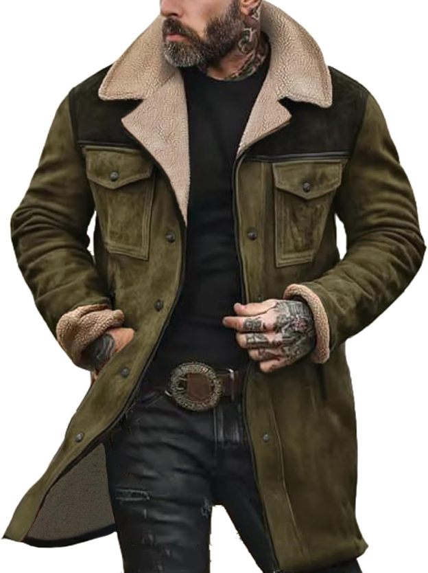 Mens Western Cowboy Jackets Vintage Suede Jacket t Plush Collar Coats Faux Leather jacket Zip Up Casual Retro Winter Tops