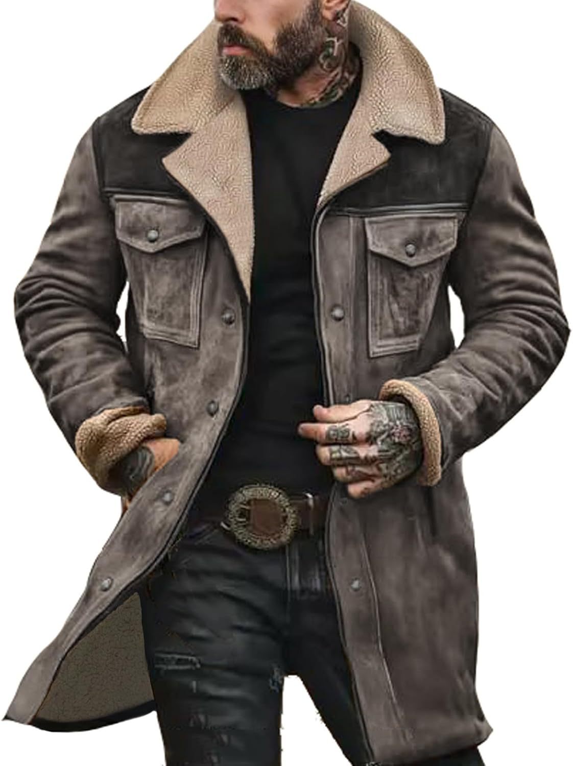 Mens Western Cowboy Jackets Vintage Suede Jacket t Plush Collar Coats Faux Leather jacket Zip Up Casual Retro Winter Tops
