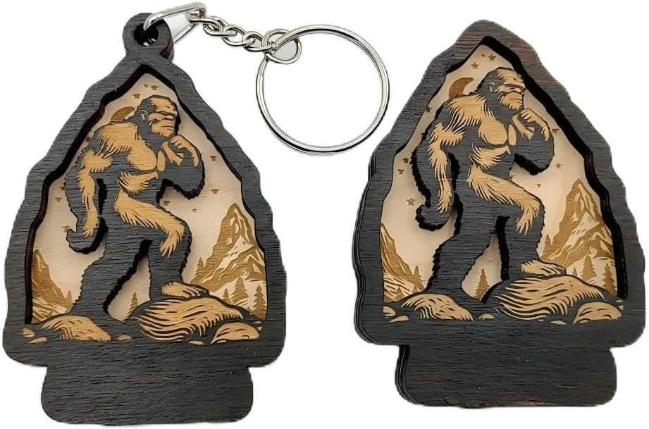 Bigfoot Keychain & Magnet Set, Wooden Bigfoot Footprint Keychain Accessory Gifts for Men & Sasquatch Enthusiasts