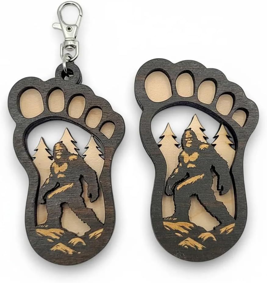 Bigfoot Keychain & Magnet Set, Wooden Bigfoot Footprint Keychain Accessory Gifts for Men & Sasquatch Enthusiasts